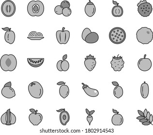 Thin line gray tint vector icon set - eggs vector, onion, cabbage, strawberries, apple, half apricot, red, raspberry, blackberry, blueberries, of mango, peach, melon, water slice, date fruit, tasty
