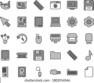 Juego de iconos vectoriales de tono gris de línea delgada - vector de plummet, chili, tablet pc, bloc de notas, ventilador, radiador, ratón, teclado, torre, motherboard, memoria, tarjeta, hdd, usb, escáner, flash, navegador, carpeta, disquete