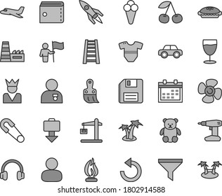 Thin line gray tint vector icon set - floppy disk vector, calendar, purse, counterclockwise, t short, safety pin, motor vehicle, small teddy bear, drill, plastic brush, stepladder, pie, glass, cone