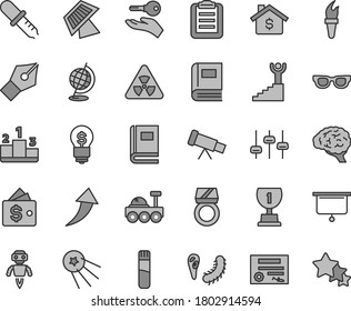 Thin line gray tint vector icon set - pedestal vector, test tube, telescope, glasses, nuclear, brain, settings, bactery, book, pipette, globe, clipboard, robot, sun panel, lunar rover, patente, idea