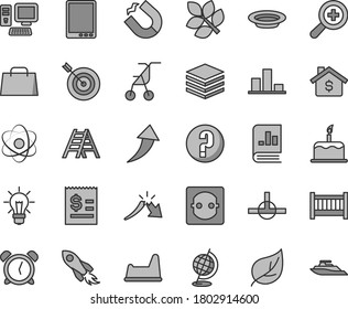 Thin line gray tint vector icon set - alarm clock vector, zoom, question, baby cot, sitting stroller, potty chair, ladder, pile, cake, plate, leaf, power socket, horseshoe magnet, space rocket, bulb