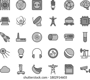 Thin line gray tint vector icon set - bath ball vector, bulb, headphones, bananas, working oil derrick, power line, pole, socket, energy saving, smd, pipe, satellite dish, trolley with coal, rocket