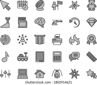 Thin line gray tint vector icon set - small teddy bear vector, tablet pc, notebook, memory, printer, note, sd card, history, schedule clock, cursor, brain, settings, bactery, flame, calculator, bang