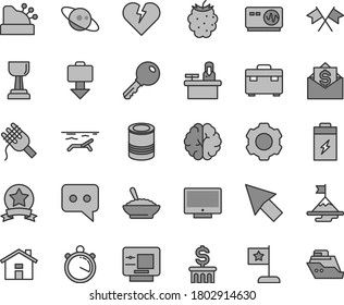 Thin line gray tint vector icon set - house vector, suitcase, broken heart, key, screen, tin, spaghetti, a bowl of buckwheat porridge, blackberry, charging battery, cashbox, think, settings, cursor