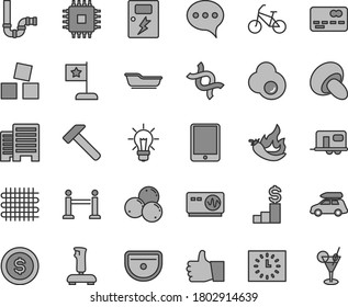 Juego de iconos vectoriales de tono gris de línea delgada - vector de baño, cubos para niños, fregadero, sifón, edificios, peligros, martillo, habla, pulgar arriba, porcini, huevo frito, arándanos, pimienta caliente, tejido, bulbo, cpu