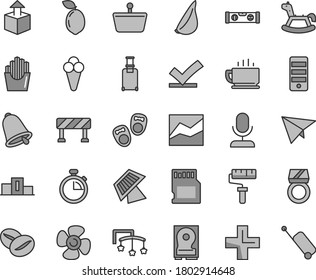 Thin line gray tint vector icon set - paint roller vector, stopwatch, plus, line chart, toys over the cot, rocking horse, shoes for little children, building level, traffic signal, bell, coffee, hdd