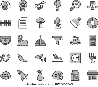 Thin line gray tint vector icon set - desktop microphone vector, zoom out, winch hook, sink, power socket type f, interroom door, ceramic tiles, putty knife, package, Chinese chopsticks, omelette
