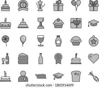 Thin line gray tint vector icon set - colored air balloons vector, balloon, cake, birthday, heart, gift, square academic hat, Easter, muffin, piece of, slice, torte, lollipop, glass, bottle, giftbox