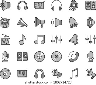 Thin line gray tint vector icon set - bell vector, desktop microphone, horn, loudspeaker, silent mode, drumroll, drum, headphones, music, CD, volume, no sound, phone call, megaphone, pc card, note