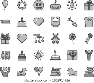 Thin line gray tint vector icon set - heart symbol vector, toys over the cradle, bib, rubber duck, baby duckling, teddy bear, toy train, children's, colored air balloons, balloon, cake, gift, Easter