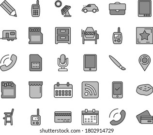 Thin line gray tint vector icon set - tassel vector, desktop microphone, calendar, bank card, rss feed, toy phone, mobile, a chair for feeding child, concrete mixer, nightstand, call, piece of meat