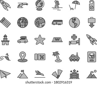 Thin line gray tint vector icon set - paper airplane vector, planet, Earth, geolocation, globe, rocket, lunar rover, mountain flag, sand castle, helicopter, car baggage, bus, taxi, backpacker, hotel