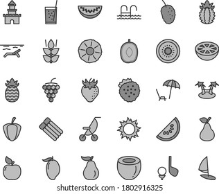 Thin line gray tint vector icon set - summer stroller vector, a glass of soda, strawberries, pear, mint, large grape, apricot, strawberry, tasty mulberry, slice water melon, mango, delicious plum