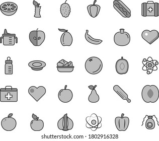 Thin line gray tint vector icon set - heart symbol vector, first aid kit, measuring cup for feeding, bottle, mercury thermometer, medical bag, Hot Dog, lettuce in a plate, of milk, pear, orange