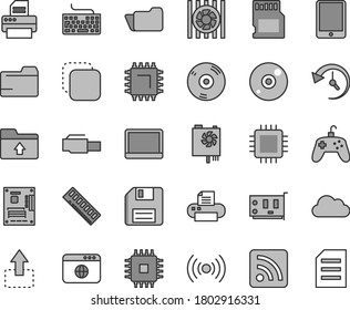 Thin line gray tint vector icon set - floppy disk vector, keyboard, folder, rss feed, upload, copy, move up, smd, tablet pc, notebook, radiator fan, power supply, motherboard, cpu, memory, card, cd