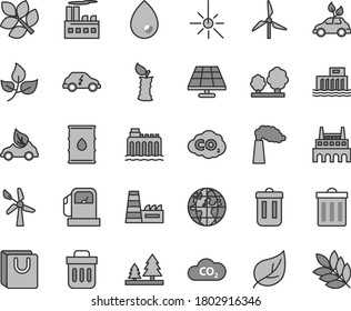 Thin line gray tint vector icon set - bin vector, drop, bag with handles, apple stub, solar panel, leaves, leaf, gas station, windmill, wind energy, manufacture, oil, hydroelectric, hydroelectricity