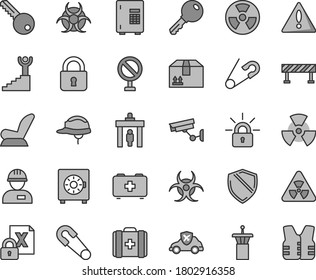 Thin line gray tint vector icon set - warning vector, prohibition, car child seat, safety pin, open, bag of a paramedic, medical, workman, key, helmet, road fence, lock, strongbox, cardboard box