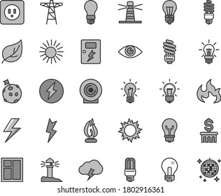 Thin line gray tint vector icon set - lightning vector, incandescent lamp, window, saving light bulb, power socket type b, dangers, eye, storm cloud, lens, leaf, pole, energy, mercury, lighthouse