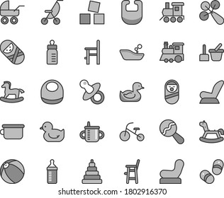 Thin line gray tint vector icon set - dummy vector, mug for feeding, bottle, measuring, bib, baby, beanbag, rattle, chair, car child seat, carriage, summer stroller, rubber duck, duckling, bath ball