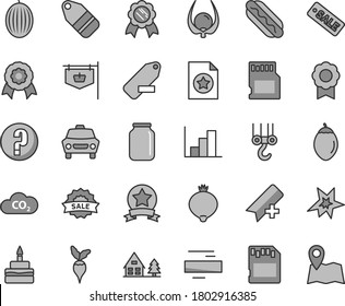 Thin line gray tint vector icon set - add bookmark vector, minus, remove label, negative histogram, question, winch hook, car, Hot Dog, birthday cake, medlar, melon, tamarillo, physalis, radish, CO2