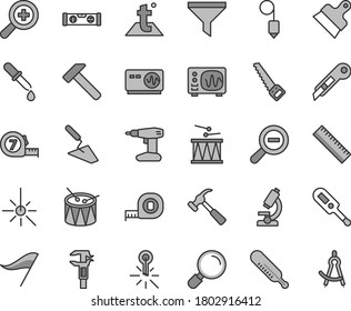 Thin line gray tint vector icon set - yardstick vector, zoom, out, wind direction indicator, electronic thermometer e, mercury, drumroll, drum, trowel, drill, arm saw, measuring tape, building level