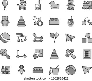 Thin line gray tint vector icon set - paper airplane vector, toys over the cradle, dummy, new abacus, beanbag, baby rattle, duckling, bath ball, stacking rings, toy, phone, mobile, teddy bear, small