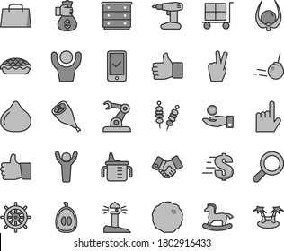 Thin line gray tint vector icon set - cargo trolley vector, magnifier, dollar, chest of drawers, measuring cup for feeding, small rocking horse, drill, core, index finger, thumb up, apple pie, fig