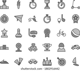 Thin line gray tint vector icon set - stopwatch vector, bath ball, motor vehicle, present, child Kick scooter, timer, pedestal, racer, retro car, flame torch, winner podium, prize, cup, gold, pawn