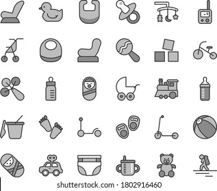 Thin line gray tint vector icon set - toys over the cradle vector, dummy, mug for feeding, bottle, measuring, nappy, bib, baby, beanbag, rattle, chair, car child seat, stroller, sitting, duckling