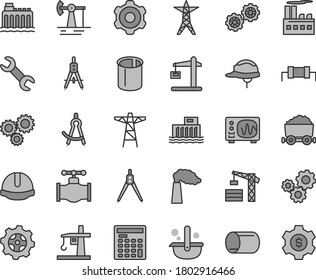 Thin line gray tint vector icon set - tower crane vector, gears, cogwheel, construction helmet, working oil derrick, valve, manufacture, hydroelectric station, hydroelectricity, power line, pole