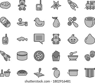 Thin line gray tint vector icon set - image of thought vector, baby rattle, duckling, tumbler, toy phone, mobile, sand set, deep plate with a spoon, children's potty, teddy bear, small, funny hairdo