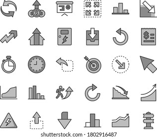 Thin line gray tint vector icon set - danger of electricity vector, downward direction, growth up, renewal, clockwise, counterclockwise, bar chart, negative, download archive data, dangers, timer