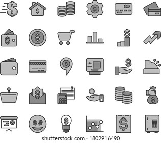 Thin line gray tint vector icon set - bank card vector, growth up, dollar, graph, calculation, coins, shopping cart, basket, front of the, chart, financial item, get a wage, catch coin, wallet, gear