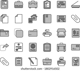 Thin line gray tint vector icon set - clip vector, briefcase, clean sheet of paper, folder, bookmark, suitcase, estimate, notebook, case, passport, pass card, notes, survey, copy, move right