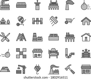 Thin line gray tint vector icon set - house vector, tower crane, hook, big core, building trolley, concrete mixer, small tools, ladder, siphon, tile, ceramic tiles, brick, block, spatula, factory