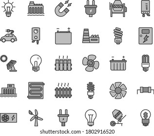 Thin line gray tint vector icon set - matte light bulb vector, incandescent lamp, concrete mixer, saving, dangers, heating coil, radiator, boiler, electronic, fan screw, big solar panel, wind energy