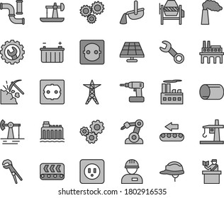 Thin line gray tint vector icon set - workman vector, concrete mixer, adjustable wrench, cordless drill, power socket type b, f, helmet, gear, solar panel, oil derrick, working, coal mining, battery