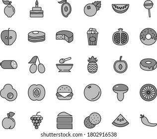 Thin line gray tint vector icon set - deep plate with a spoon vector, sausage, cheese, big burger, mushroom, piece of cake, birthday, hole, glazed, Chupa Chups, cup popcorn, fried egg, blueberries