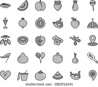 Thin line gray tint vector icon set - wind direction indicator vector, electronic thermometer e, children's sand set, colored air balloons, broken heart, slices of onion, tomato, chili, Chupa Chups