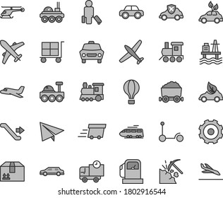 Thin line gray tint vector icon set - truck lorry vector, cargo trolley, paper airplane, motor vehicle, baby toy train, Kick scooter, car, delivery, cardboard box, sea port, coal mining, gas station