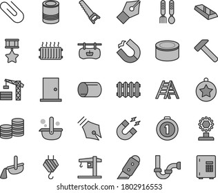 Thin line gray tint vector icon set - iron fork spoons vector, crane, tower, hook, hand saw, ladder, sewerage, ntrance door, knife, new radiator, hammer, clip, canned goods, tin, horseshoe magnet
