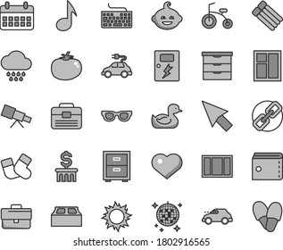 Thin line gray tint vector icon set - heart symbol vector, briefcase, purse, keyboard, spectacles, bedside table, storage unit, rubber duck, cloud, warm socks, funny hairdo, child bicycle, window