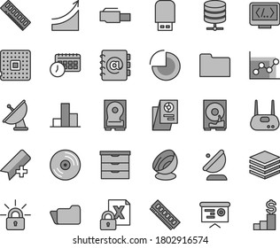 Thin line gray tint vector icon set - add bookmark vector, pie chart, bar, graph, storage unit, CD, pile, big data server, address book, processor, satellite antenna, statistical research, agenda