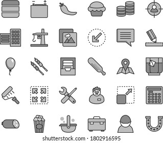 Thin line gray tint vector icon set - image of thought vector, archive, mercury thermometer, balloon, small tools, paint roller, suitcase, city block, drawing, left bottom arrow, picture, map, size