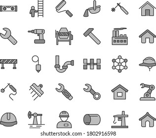 Thin line gray tint vector icon set - repair key vector, house, dwelling, workman, concrete mixer, cordless drill, new roller, sewerage, building level, ceramic tiles, construction helmet, plummet