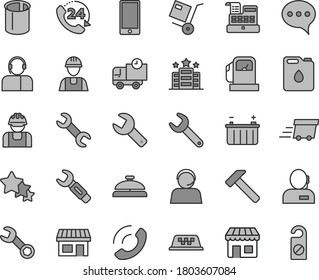 Juego de iconos de vectores de tonos grises de línea delgada - reparación de vectores de clave, constructor, martillo, voz, smartphone, entrega, 24, llamada telefónica, operador, envío, estación de gas, batería, bote de aceite, tuberías, acero, kiosco