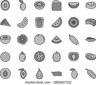 Thin line gray tint vector icon set - cheese vector, pizza, piece of, slices onion, cake, slice, bacon, meat, cucumber, orange, sandwich, plum, water melon, half mango, delicious, tangerine, lemon