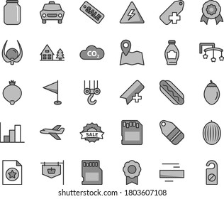 Thin line gray tint vector icon set - danger of electricity vector, add bookmark, minus, label, pennant, negative histogram, toys over the cot, winch hook, car, Hot Dog, bottle, medlar, melon, CO2