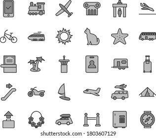 Thin line gray tint vector icon set - plane vector, train, car baggage, camper, bus, bike, motorcycle, airport tower, escalator, rope barrier, identity card, security gate, rolling suitcase, scanner