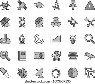 Juego de iconos vectoriales de tono gris de línea delgada - vector de telescopio, molécula, electricidad, nuclear, zoom, dna, bulbo, cerebro, satélite, libro, riesgo biológico, pipeta, osciloscopio, llama, brújula de dibujo, radar